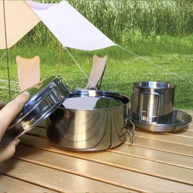 Resim 8 adet HANYUE Paslanmaz Çelik Kamp Pişirme Seti, Fırın Tenceresi, Saucepan ve Stew Pot ile Taşınabilir Açık Hava Pişirme Ekipmanı, Yürüyüş ve Piknikler için İdeal, Kamp Aksesuarları 