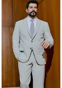 Resim AC&Co / Altınyıldız Classics Erkek Grı Slim Fit Dar Kesim Mono Yaka Beli Bağlamalı Kapak Cepli Esnek Takım Elbise Grı 
