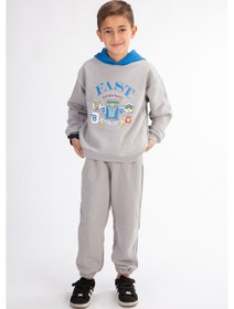 Resim Erkek Çocuk Baskılı Kapşonlu Eşofman Takımı Gri 