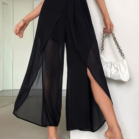 Resim Kadınların Zarif Yüksek Bel Geniş Bacaklı Pantolonları, Asimetrik Etek, Yırtma Detayı, Şeffaf Şifon Kumaş, Düz Renk, Bol Kesim, Dokuma Polyester 100%, Bahar/Yaz/Sonbahar için - Çapraz Tasarım 