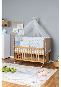 Resim Ahşap Beşik Anne Yanı Beşik Vernikli 60x120 - Mavi Yıldız 1 Yastıklı Uyku Seti + Yataklı+tekerlekli Ahşap 