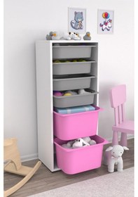 Resim Oyuncak Dolabı Pembe Gri 2 Büyük 4 Küçük Sepetli Pembe - Gri 