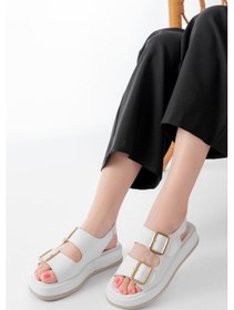 Resim 1187 Beyaz Dolgu Topuk Lastik Baretli Kadın Sandalet Altın - Taba 