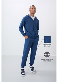 Resim Tommy Life Parlament Kompakt Pamuklu Kalın Pürüzsüz Dokulu Kapüşonlu Comfort Fit Erkek Eşofman Takım - 85262 Mavi 