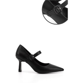 Resim Gönderi R Siyah Sivri Burun Kadeh Ökçe Mary Jane Ayakkabı Siyah 