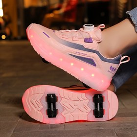 Resim Kızlar için Çok Modlu Yanıp Sönen Işıklı Dış Mekan Paten Ayakkabıları, Çıkarılabilir Tekerlekler & Döner Düğme Tasarımı - Tüm Sezonlara Uygun Nefes Alabilen Sentetik Düşük Üst Sneakerlar, Yürüyüş ve Dış Aktiviteler İçin, Paten Ayakkabıları, Her Mevsim Ayakkabısı, Şık Çizgili Desen, Dayanıklı TPR Taban 