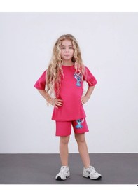 Resim Miniko Kids Kız Çocuk Stitch Modelli Pamul Şortlu Takım Fuşya 
