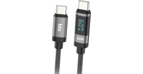 Resim Bix Type-C To Type-C 60W Örgülü LED Dijital Ekranlı Şarj ve Data Kablosu 1 Metre 