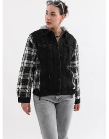 Resim Kadın Fermuar Detaylı Kapüşonlu Jean Ceket Siyah 