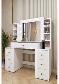 Resim Ases Mobilya Ela657 Hollywood Işıklı Makyaj Masası Bol Çekmeceli Özel Bölmeli Ve Extra Raflı Beyaz Beyaz 