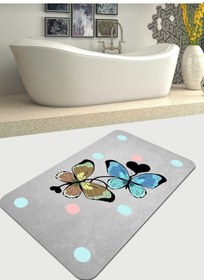 Resim Kelebek Desenli 70X120Cm Kaymaz, Pamuk Taban Banyo Paspası Çok Renkli 