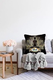 Resim RealHomes Altın Motifli Yoga Ve Mavi Göz Desenli Özel Tasarım Çift Taraflı Dijital Baskılı Raşel Yastık Kılıfı, Sonil-K5041-43x43cm 
