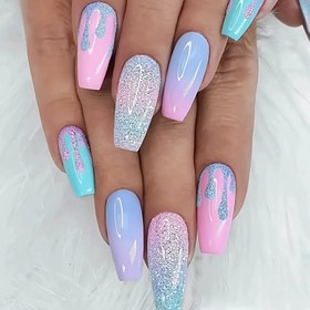 Resim 24 Parça Bale Şekilli Fransız Takma Tırnak - Orta Uzunlukta Pastel Pembe'den Maviye Geçişli Glitter Detaylı, Parlak Yüzey, Günlük ve Özel Günler İçin, Bale Tırnakları, Zarif Tasarım, Kolay Uygulama, Güzellik Tutkunlarına Özel 