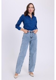 Resim Tudors Kadın Regular Fit Klasik Kesim Baggy Pamuklu Geniş Paça Mavi Jean Pantolon-40326 