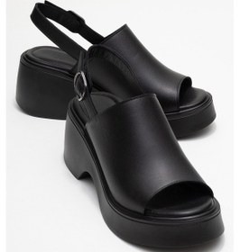 Resim Luvishoes Power Siyah Cilt Hakiki Deri Kadın Dolgu Topuklu Sandalet Siyah Deri 