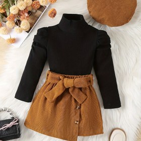 Resim Genç Kız Yüksek Yaka Dantel Tişört, Kordonlu Kadife Etek ve Şapka Sonbahar/Kış 3 Parça Set 