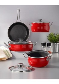 Resim Bonera Lilium Emaye 7 Pcs Güveç Set Dışı Kırmızı / İçi Titanyum 18-24-26-26 
