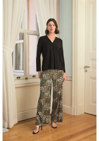 Resim Monamise Kadın Çiçek Yaprak Ve Etnik Desenli Uzun Kollu Pijama Takımı 24149 Siyah 