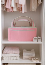 Resim Anne Bebek Kalın Keçe Bakım Çantası Yenidoğan Için Organizer Düzenleyici Çok Amaçlı Pembe Yeşil Overlok Detay 