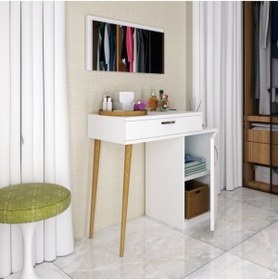 Resim Bicabin London Dolaplı Çekmeceli Aynalı Makyaj Masası Ahşap Ayaklı Dresuar -Beyaz 