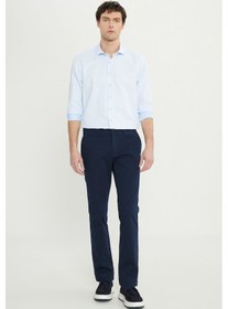 Resim AC&Co / Altınyıldız Classics Erkek Lacı Pamuklu Slim Fit Dar Kesim Armürlü Yan Cepli Esnek Casual Pantolon Lacı Lacivert 