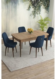 Resim Meri Serisi 80x132 Açılabilir Mdf Meşe Masa Takımı 4 Lacivert Sandalye Kahve Ayak Lacivert 