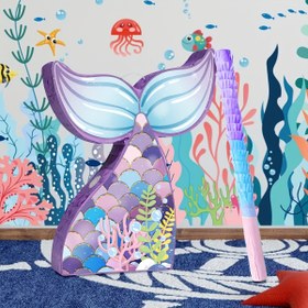 Resim Deniz Kızı Kuyruğu Piñata Parti Paketi 3 Parça ile - Pinata, Göz Bağı ve Çubuk - Doğum Günü Kutlamaları, Şenlikli Toplantılar için Deniz Kızı Parti Süslemeleri ve Malzemeleri - Dayanıklı Kağıt Yapımı, Elektrik Gerekmez 