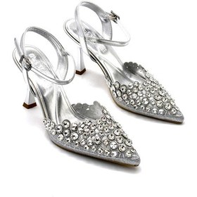 Resim Kindep Topi Burnu Kapalı Taş Detaylı Topuklu Kadın Ayakkabı Gumüş Gumüş 