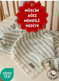 Resim Zeypba Mavi Çizgili 4kat Müslin Püsküllü 4 Katlı Müslin 110x110cm Mavi - Beyaz 