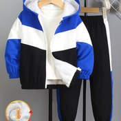 Resim 2 Parça Set: Genç Erkek Çocuklar İçin Sonbahar/Kış -Astarlı Günlük Kıyafet, Kontrast -Astarlı Uzun Kollu Kapüşonlu Fermuarlı Ceket ve Kontrast -Astarlı Esnek Bel Pantolon İçerir, Çok Rahat, Konforlu ve Basit, Dış Mekan İçin Mükemmel 