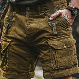 Resim Erkekler için Korduroy Kargo Şortları - Çeşitli Cebi Olan, Yeşil, Rahat ve Nefes Alabilen, Günlük Stil, Orta Bel, Açık Hava Aktiviteleri İçin Mükemmel, Günlük Açık Hava Şortları | Orta Bel Şortları | Dayanıklı Kumaş Şortları 