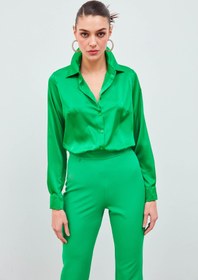 Resim Sateen Gömlek Yaka Saten Bodysuit Bluz - Yeşil 