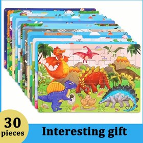 Resim 30 adet Çocuk Ahşap Bulmaca - Renkli Dinozorlar ve Hayvanlar Karikatür Desenleri, Eğitici Beyin Yumuşatıcı Oyuncaklar, Mükemmel Doğum Günü, Yeni Yıl, Yılbaşı, Paskalya Sepeti Dolu İçlikler, Çocuklar İçin Ahşap Bulmacalar 