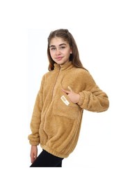 Resim Toontoy Kız Çocuk Dik Yaka Fermuarlı Cepli Düşük Omuz Nakış Baskılı Peluş Hırka Kahverengi 