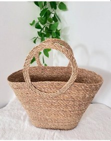Resim Dekoratif Kulplu Hasır Sepet Plaj Çanta Sele 40x22cm Açık Kahverengi 