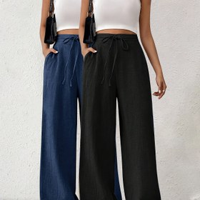 Resim Kadınların Şık Geniş Bacaklı Pantolonları, Bağcıklı Bel - Siyah ve Mavi, Polyester, Bahar/Yaz İçin Mükemmel, Rahat Kıyafet|Geniş Bacaklı Pantolonlar|Polyester Kumaş 