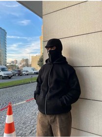 Resim Modi Green Erkek Asimetrik Fermuarlı Siyah Samuray Ninja Kapüşonlu Hoodie 