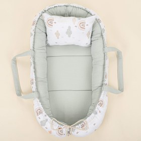 Resim Babynest ve Yastık - Çift Taraflı - Açık Yeşil Petek - Yeşil Gökkuşağı 