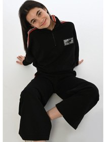 Resim Kız Çocuk Yarım Fermuarlı Kolları Şeritli Dik Yaka Sweatshirt-13399-siyah Siyah 