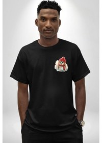 Resim Kış Kırmızı Atkı Bere Baykuş Siyah Oversize Unisex Ön Sol Yan Minimal Baskılı Tişört Koyu Siyah 