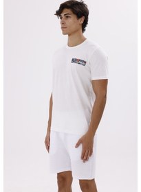 Resim Göğüs Baskı Detaylı Bisiklet Yaka Kısa Kollu Rahat Kalıp Pamuklu Spor Tişört Ecru 