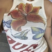 Resim Kadınlar için Kolsuz Çiçek ve Kelebek Baskılı Crop Top - Y2K Tarzı, Yuvarlak Yaka, Esnek Polyester, Canlı Yazlık Atleti, Günlük Kıyafetler İçin, Günlük Yazlık Giyim | Y2K Modası | İnşaat 