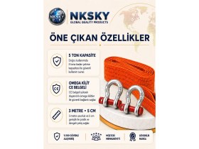 Resim Nksky Ce Belgeli 5 Ton Araç Çekme Halatı 3 Metre 5 cm Genişlik Omega Kilitli Oto Çeki Halatı 