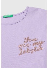 Resim United Colors Of Benetton Kız Çocuk Lila Ön Ve Arka Baskı Detaylı Boncuk İşlemeli Geniş Yaka T-shirt 6-14 Yaş -2862 