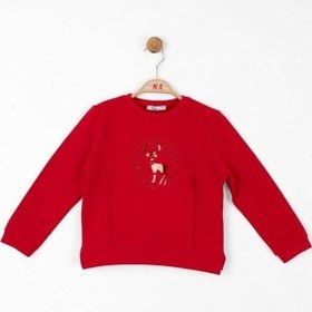 Resim Kız Çocuk Parlak Geyik Baskılı Sweatshirt-13487 Kırmızı 