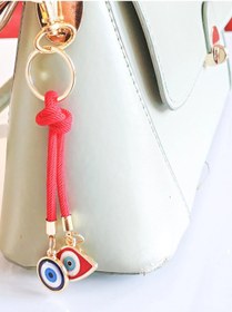 Resim İpli Kırmızı Mavi Nazar Boncuklu Metal Ve Cam Çanta Süsü Çok Renkli 