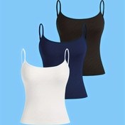 Resim Kadınların Zarif 3 Parça Yüksek Esneklikli Dar Kesim Kolsuz Üst Seti - Kolsuz, Düz Renkler (Siyah, Deniz Mavisi, Beyaz), Günlük Geziler İçin Mükemmel, Tüm Mevsimler İçin Uygun 