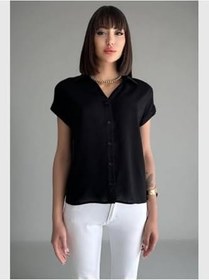 Resim Kadın Viskon Kısa Kol V yaka Yakalı Slim Fit Gömlek 