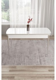 Resim Canisa Tia Serisi 80x132 Açılabilir Mdf Yemek Odası Takımı Krom Detay Beyaz Masa Ve 6 Krem Sandalye Masa Beyaz Sandalye Kremm 