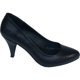 Resim Elegan Siyah Deri Alçak Topuk Stiletto Ayakkabı 